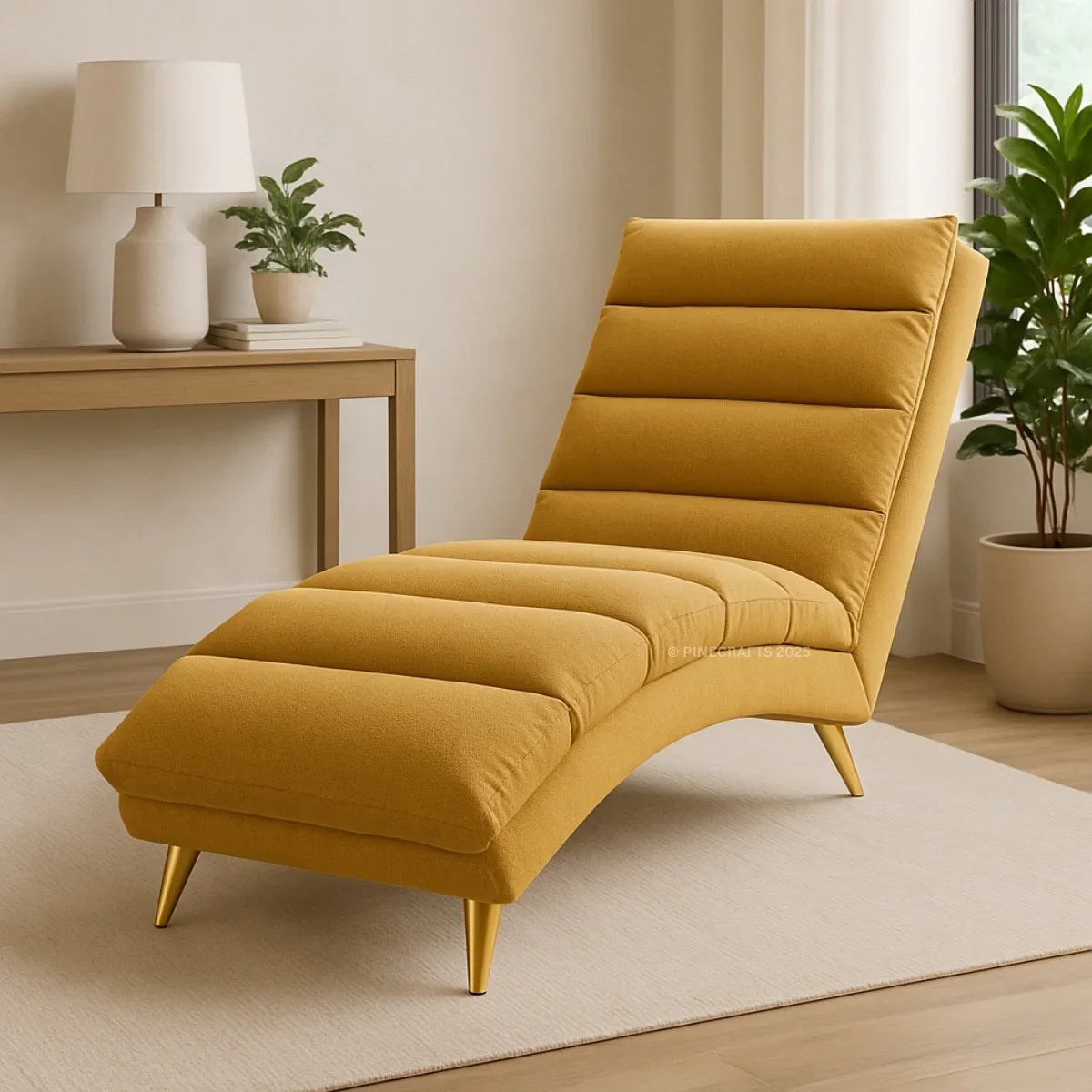 Yellow chaise lounge chair in a room with a side table and plants.